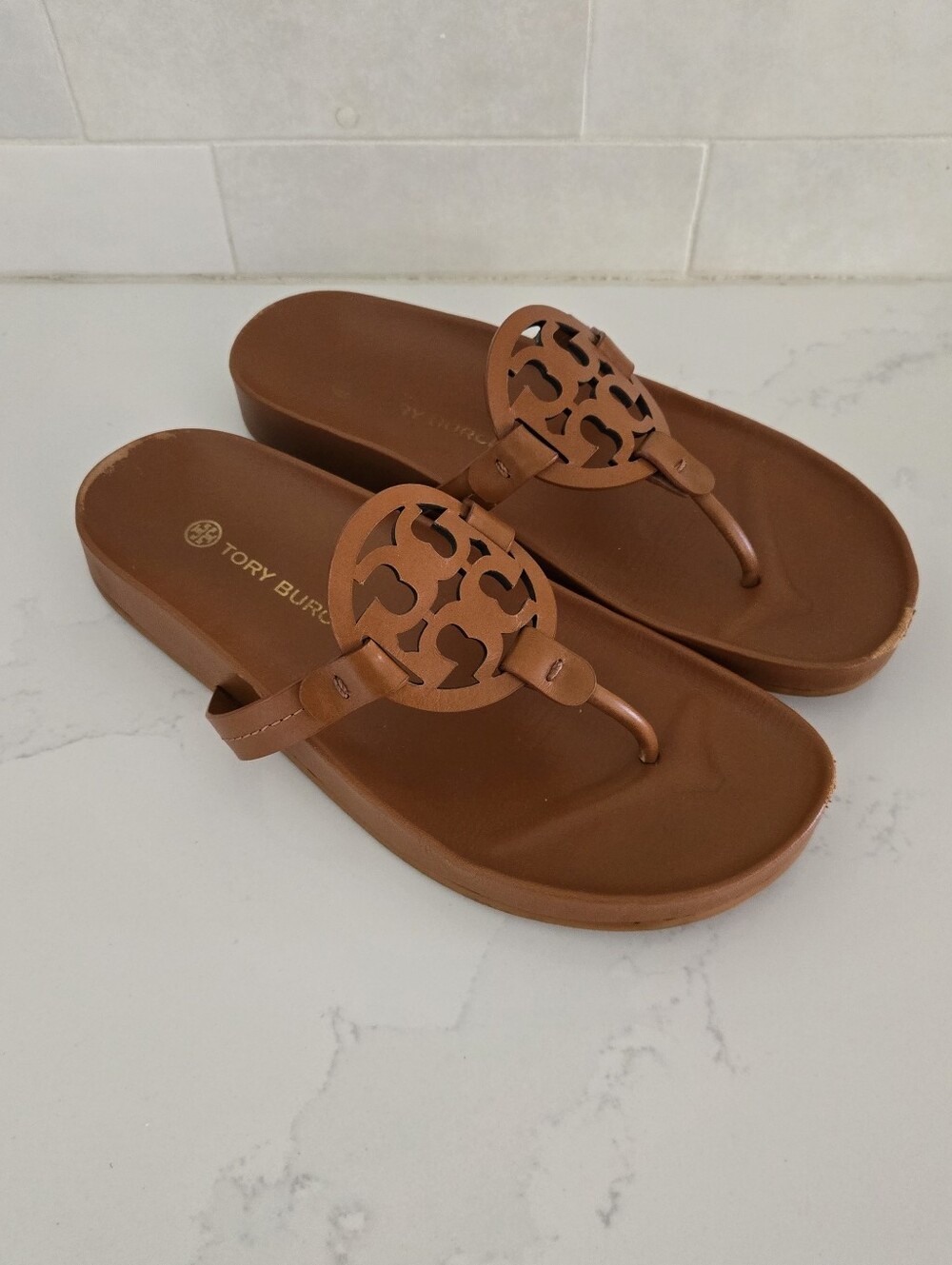 Tory Burch Miller Could Sandals Brown Leather Flat Bourbon Miele Size 10 Womens